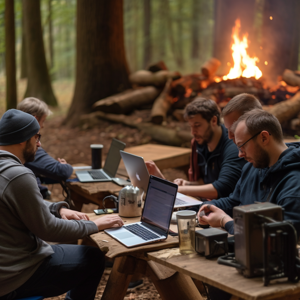 Engineers working remotely in the forest